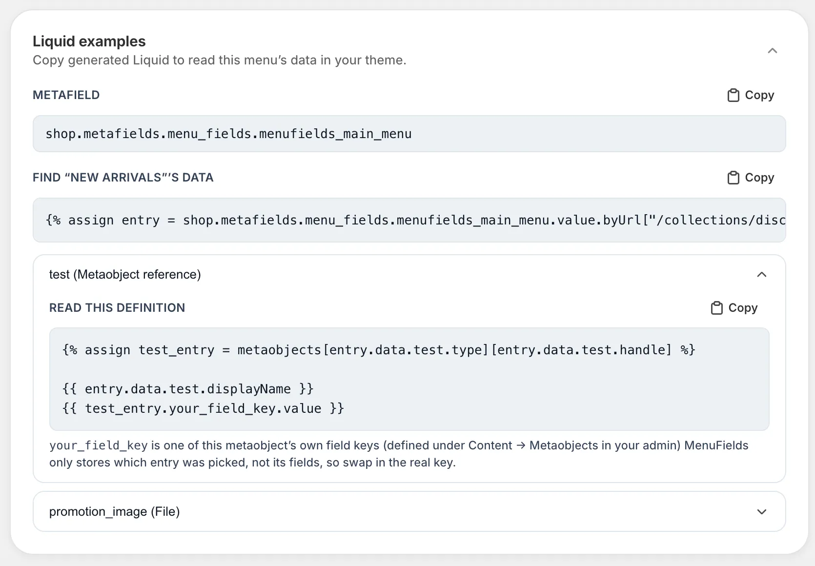 MenuFields app dashboard listing Shopify menus with appearance and custom field settings