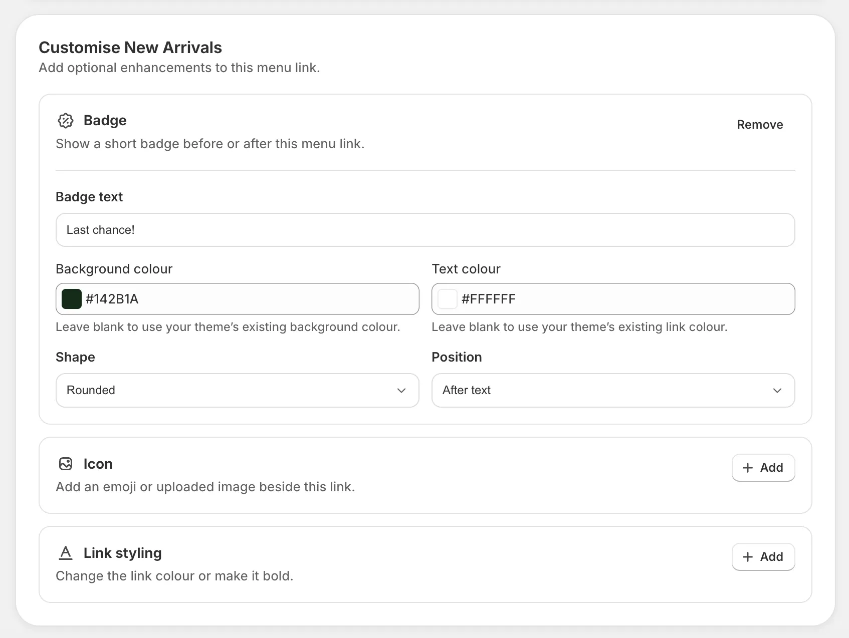 MenuFields badge styling editor with colour and shape controls